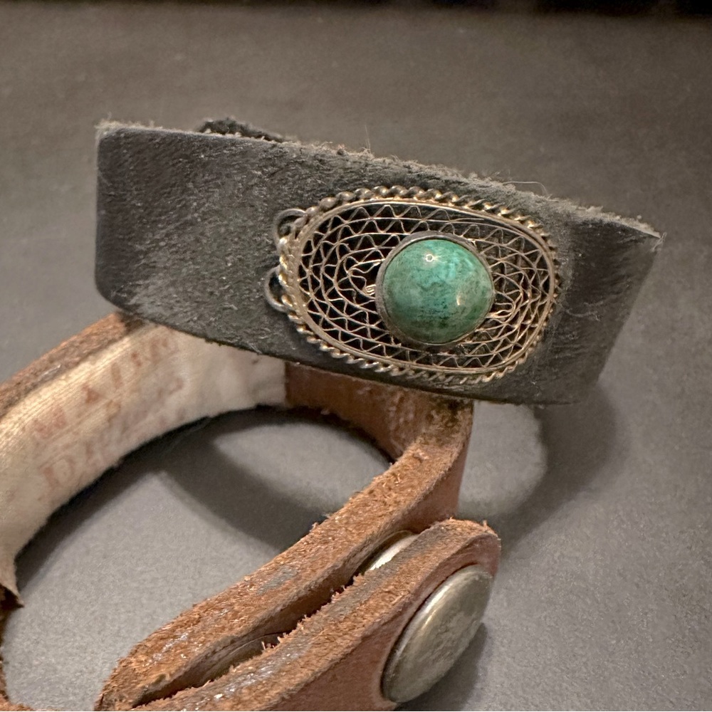 Made in the Deep South leather and vintage brooch cuff